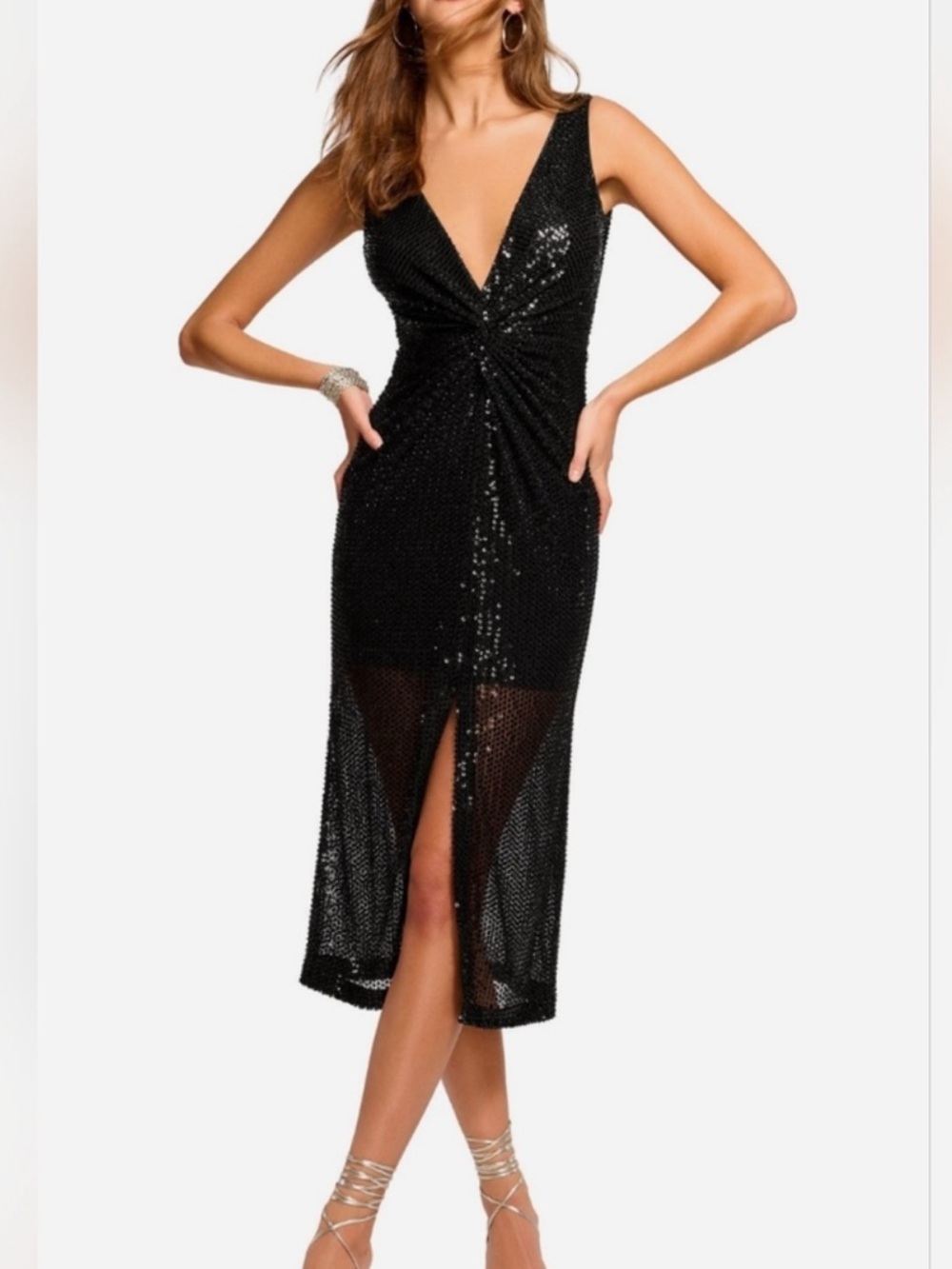 Ramy Brook Black Sequin Twist-Front V-Neck Midi Dress - Picture 3 of 8